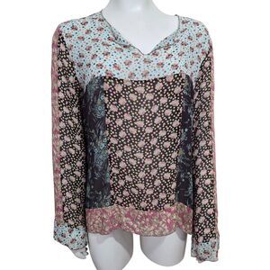 Johnny Was Size S Silk Flowy Semi sheer V-Neck Blouse Patchwork Floral Boho EUC